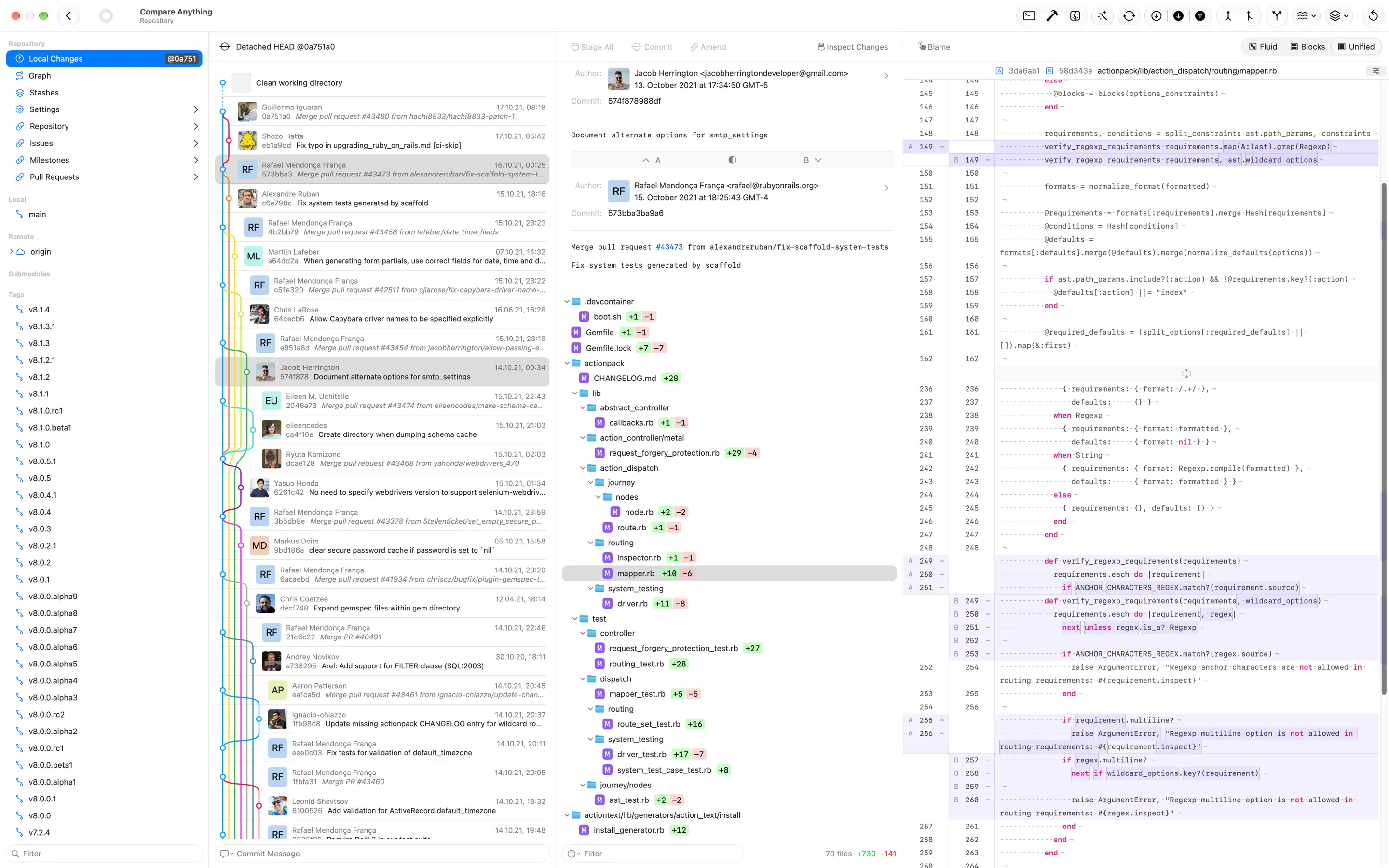 Gitfox repository view with commit graph and inspector